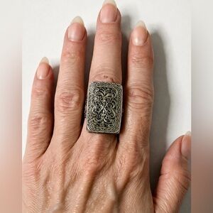 🩶Vintage Ornate Rectangular Statement Signet Ring – Silver Tone 🩶